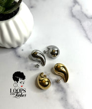 Load image into Gallery viewer, Explore Echo Drop Earrings – a chic blend of modern style and timeless allure. Crafted from stainless steel, chunky water drop studs in gold and silver. Comfortable, hypoallergenic design. Perfect for special events or everyday elegance. Make a statement with these captivating earrings