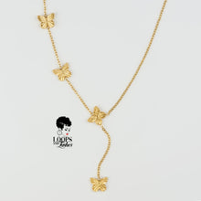 Load image into Gallery viewer, Gold-plated stainless-steel necklace with four butterfly pendants, symbolizing courage, growth, confidence, and freedom — body-positive statement jewelry.