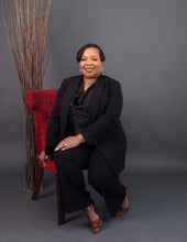 Load image into Gallery viewer, Woman wearing black pants suit and clear rain drop earrings