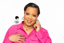 Load image into Gallery viewer, A woman wearing QuintEssential Loops earrings. These gold PVD plated stainless steel earrings feature a snap bar closure (for pierced ears) and create the illusion of five hoops in one. Dimensions: 1.61 in length x 1.38 in width.