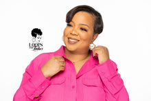 Load image into Gallery viewer, A woman wearing QuintEssential Loops earrings. These gold PVD plated stainless steel earrings feature a snap bar closure (for pierced ears) and create the illusion of five hoops in one. Dimensions: 1.61 in length x 1.38 in width.