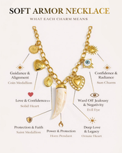 Load image into Gallery viewer, Soft Armor Necklace with evil eye, horn, and heart charms on gold chain