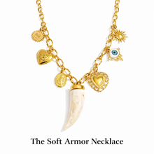 Load image into Gallery viewer, Soft Armor Necklace with evil eye, horn, and heart charms on gold chain