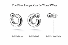 Load image into Gallery viewer, Silver Pivot Hoop earrings showing different wear options on a white background