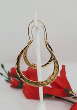 Load image into Gallery viewer, Vintage gold hoop earrings for women with a unique geometric round drop shape and hammered finish. The earrings are a beautiful statement accessory with a mix of classic and modern design elements.