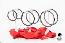 Load image into Gallery viewer, small, medium and large black rhinestone hoop earrings