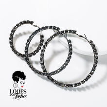 Load image into Gallery viewer, Small, medium and large black rhinestone hoop earrings