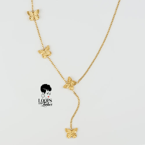 Gold-plated stainless-steel necklace with four butterfly pendants, symbolizing courage, growth, confidence, and freedom — body-positive statement jewelry.