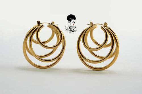PVD gold-plated stainless steel QuintEssential Loops earrings. Modern, geometric design creates a five-hoop illusion. Stylish statement earrings for pierced ears. 1.61
