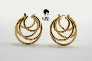 PVD gold-plated stainless steel QuintEssential Loops earrings. Modern, geometric design creates a five-hoop illusion. Stylish statement earrings for pierced ears. 1.61"L x 1.38"W, 29g.
