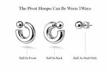 Load image into Gallery viewer, Silver Pivot Hoop earrings showing different wear options on a white background
