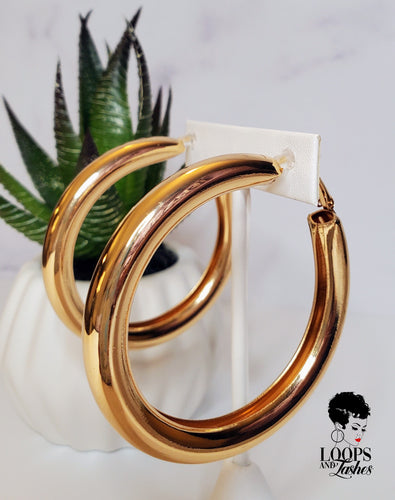 Large Gold Thick Polished Clip-On Hoop Earrings